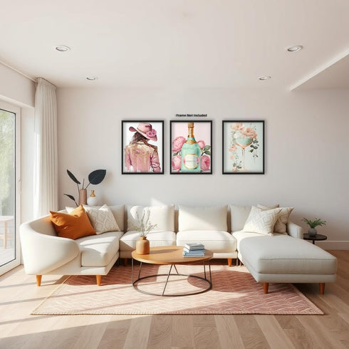 Posterizer 3 pcs-Pastel Pink and Baby Blue Champage and Woman-Floral Botanical Art-Abstract & Modern Art- Living Room Bedroom Decor- unframed wall...